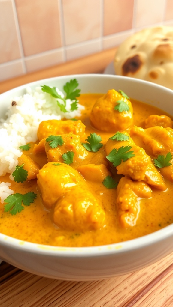 A bowl of chicken curry with coconut sauce and cilantro, served with rice and naan.